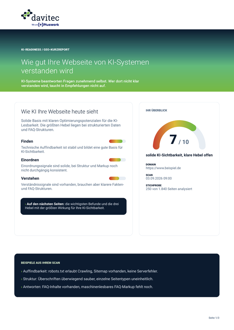 Beispiel-Report Seite 1: Score und Überblick